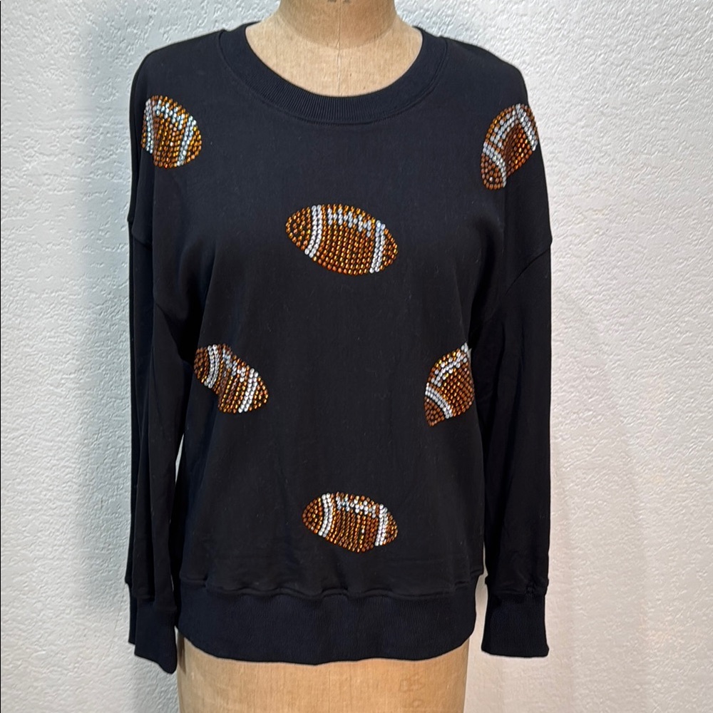 Lilypad Womens S‎ Black Football Rhinestone Crewneck Sweatshirt Long Sleeve NWT